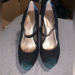 black and turquoise suede heels